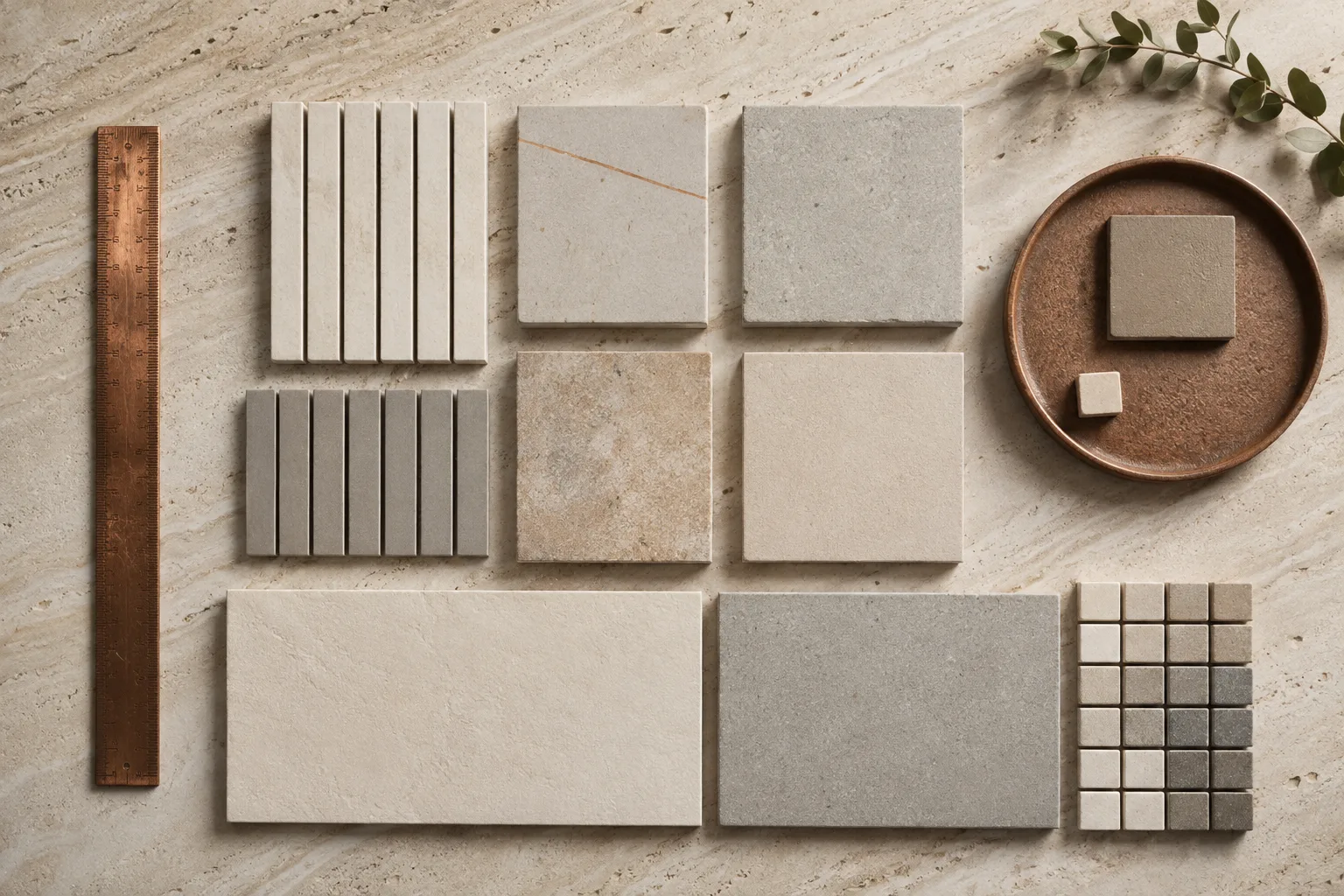 KI-generierte Materialstudie mit neutralen Keramik- und Steinoberflaechen.